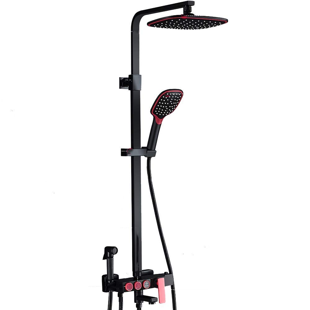 CWCQGH 10" Rain Black and Red Exposed Rain Mixer Shower Combo Set Wall Mounted Bathroom Shower Faucet Set with Shower Head, Handheld Shower, Bathtub Spout, Bidet Spray