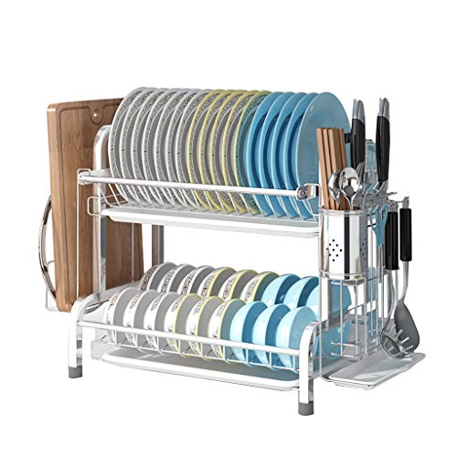 Dish Drainer Rack - 2-Tier Stainless Steel Dish Drying Rack with Utensil Holder and Drain Board, Rustproof Kitchen Counter Organizer, Silver
