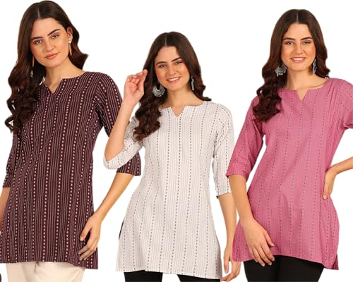 Image of DSK Studio Women's Cotton Short Kurti with Notch Neck Line 3 /4th Sleeves Abstract Pattern Short Length and Regular Fit Pack of 3
