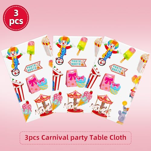 Image of Hxezoc 3 Pack Circus Party Tablecloths, 54 x 108 Inch Disposable Plastic Carnival Table Cover for Carnival Birthday Party Decorations Outdoor Indoor Supplies