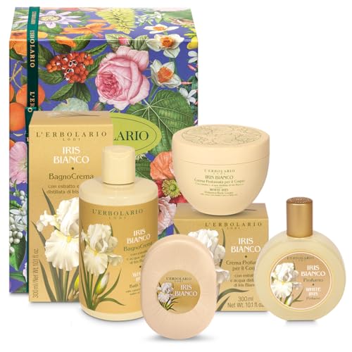 L'ERBOLARIO - IRIS BIANCO Completa - Confezione Regalo in Scatola Originale - 1 Bagnocrema da 300 ml, 1 Crema Corpo da 300 ml, 1 Profumo da 50 ml, 1 Sapone da 125 gr + in OMAGGIO Sacchetto di Raso