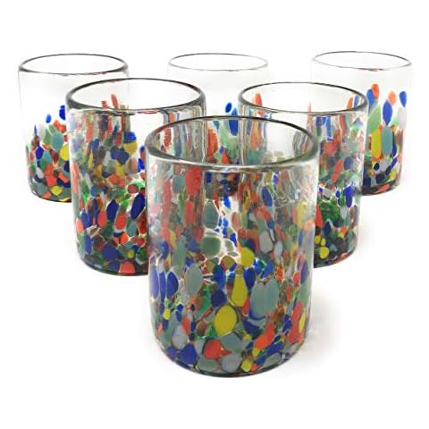Dos Sueños Hand Blown Mexican Drinking Glasses – Set of 6 Confetti Carmen Tumbler Glasses (10 oz each) Cover