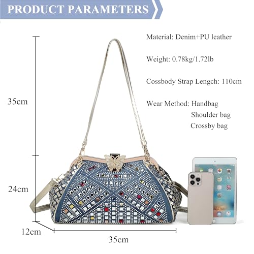 Bling Rhinestone Handbags for Women Woven Clutch Purses Jean Purse Crossbody Denim Evening Bag2