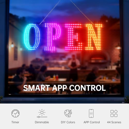 Image of Large Open Sign for Business, 40 inch x 14 inch LED Open Sign with 16 Million Colors, APP & Remote Control, Timer, 44 Flashing Modes, Adjustable Brightness & Speed, for Storefront Window or Glass Door