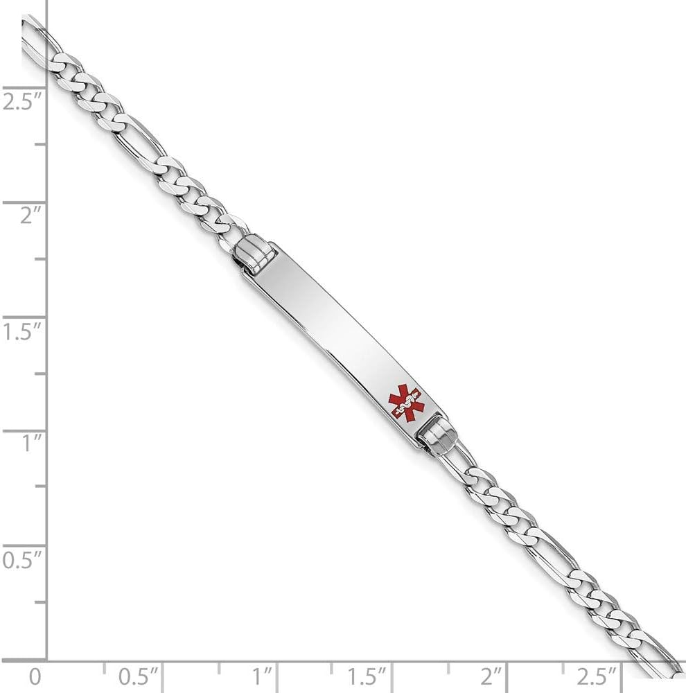 Engravable Personalized Custom 14K White Gold Medical Red Enamel Figaro Link ID Bracelet For Men or Women Length 8 inches Width 5.5 mm