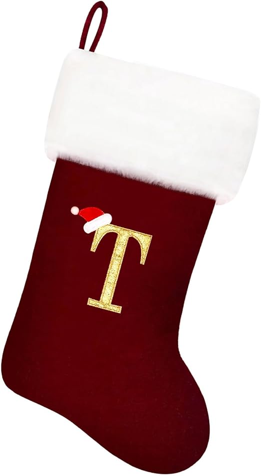 20 Inches Wine Red Velvet with White Super Soft Plush Cuff Monogram Christmas Stockings, Personalized Embroidered Letter Stockings for Family Holiday Decorations and Xmas Tree Fireplace(T)
