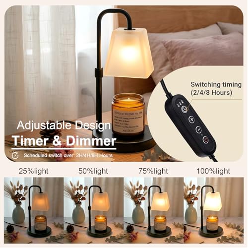 Image of JIMEI Candle Warmer Lamp with Timer Electric Wax Warmer for Scented Wax Melt Warmer Light Melter for Jar Candles Dimmable Adjustable Height Gifts for Women Mom House Warming Frossted Glass Black