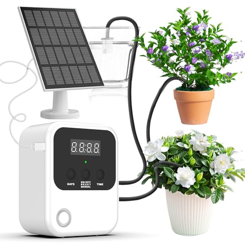 Sistema de Riego Solar para Jardín Alouweekuky, Kit Riego por Goteo Solar con 15 Micro Cabezales de Goteo, Riego por Goteo Automatico para Vacaciones Terrazas de Balcones Invernaderos Macetas Plantas