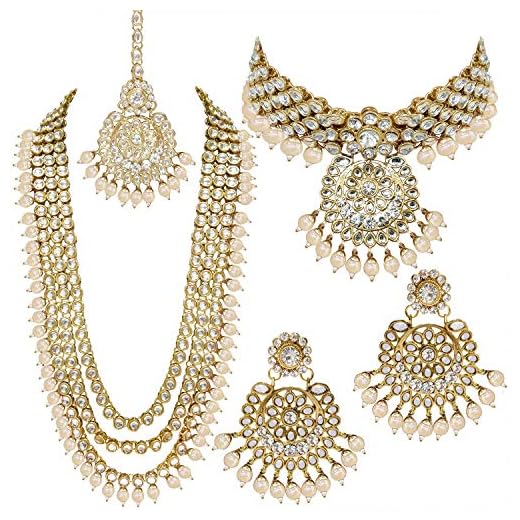 Aheli Indian Wedding Kundan Beaded Heavy Bridal Long Choker Necklace Earrings with Maang Tikka Traditional Jewellery Set for Women (White)