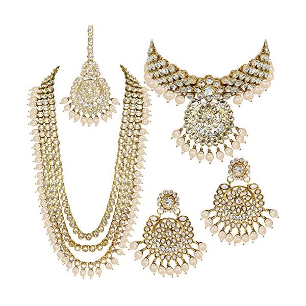Aheli Indian Wedding Kundan Beaded Bridal Long Choker Necklace Earrings with Maang Tikka Traditional Jewellery Set for Women