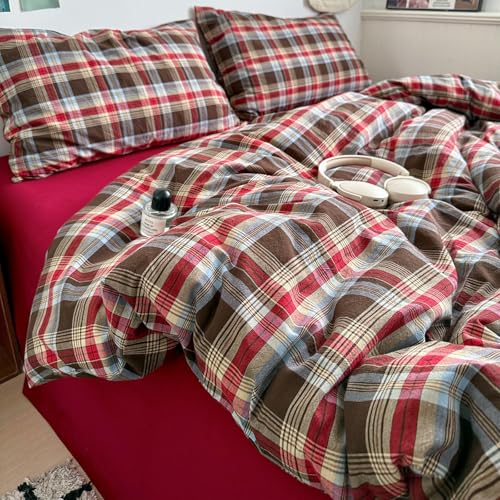 Image of VM VOUGEMARKET Red Brown Plaid Duvet Cover Set King,3 Pieces Washed Cotton Bedding Set,Breathable Luxury Checkered Duvet Cover with 2 Pillowcases