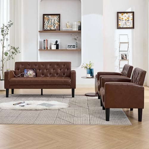 TYBOATLE 62\" W Leather Loveseat w/Chairs, 3 Piece Sofa Sets for Living Room w/ 2 USB Charger Ports and 2 Cupholders, Living Room Furniture Sets of 3 (3, Brown)