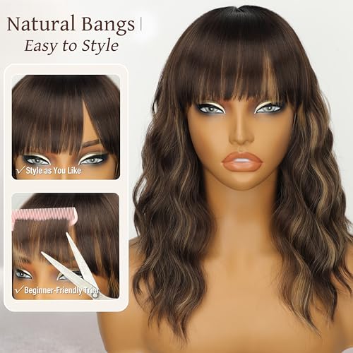 Image of Nnzes Short Wavy Bob Wig with Bangs for Women Shoulder Length Curly Soft Medium Brown with Blonde Highlights Synthetic Heat-Resistant Fiber Hair for Daily & Party Use