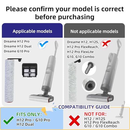 Image of Replacement Parts for Dreame H12 Pro / H12 Dual / G10 Pro Wet Dry Vacuum | NOT for Other Models. ONLY Fits H12 Pro /H12 Dual /G10 Pro. 3 Roller Brushes, 3 Filters & 1 Cleaning Brush
