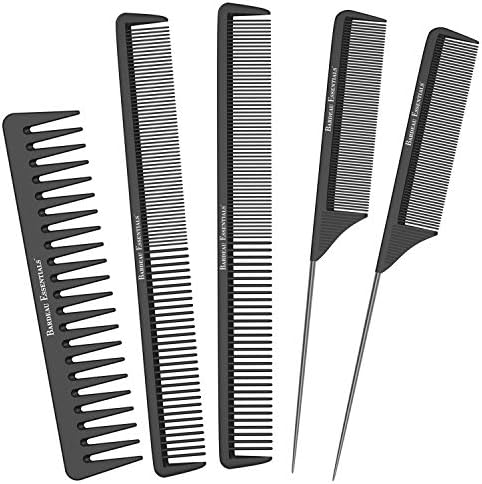 Salon Styling Combs | 5 Piece | Professional Black Carbon Fiber Hair Combs | Detangling Comb | Rat Tail Comb | Teasing Comb | Salon Grade Combo Comb Set for Men and Women by Bardeau Essentials
