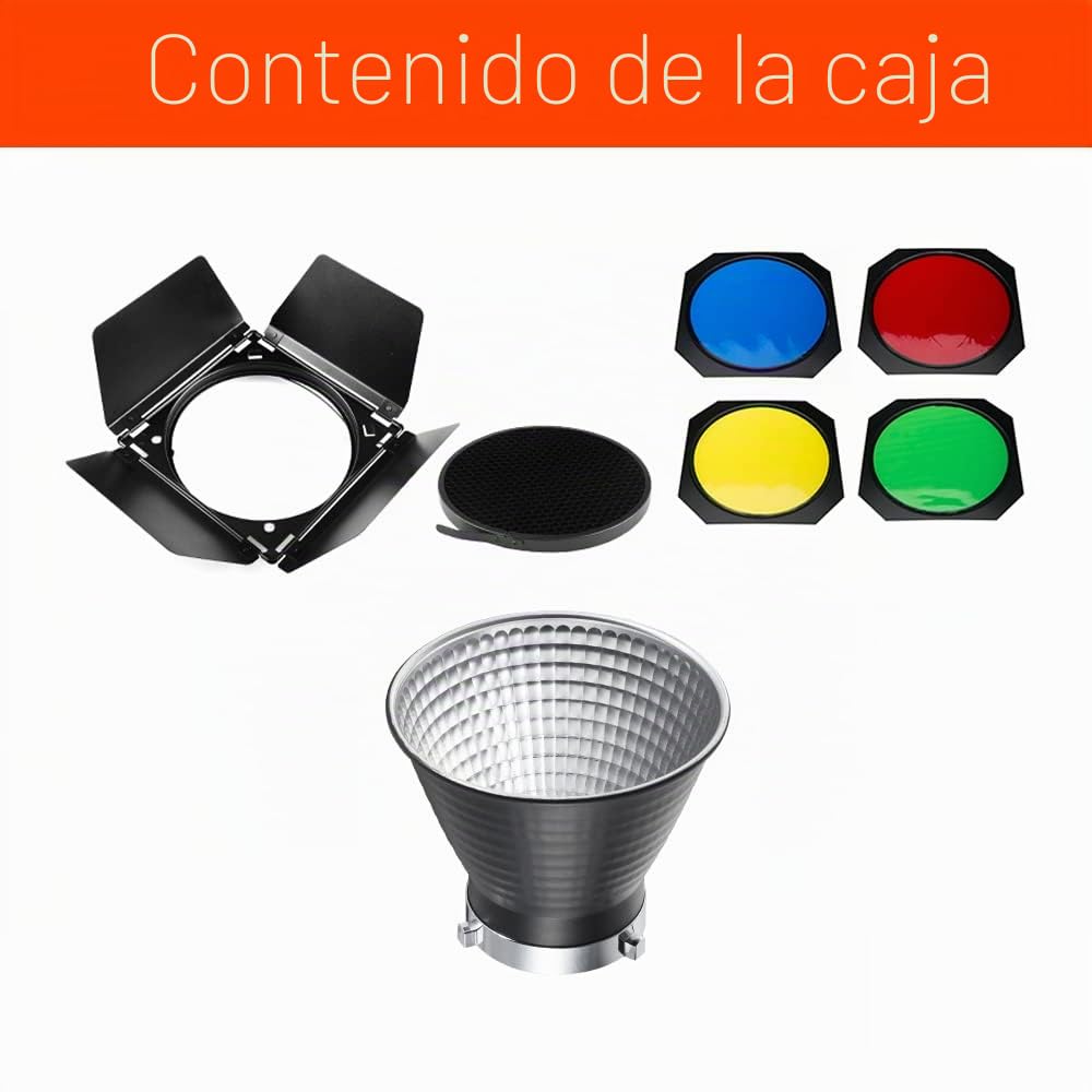 Godox Difusor reflector estándar de 7 pulgadas con diseño de escala de pez + puerta de granero BD-04 con rejilla de panal y 4 filtros de gel de color