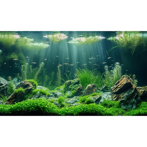 Underwater Aquatic Seagrass Aquarium Background Under The Sea Grass Leaves Lush Green Moss Fish Tank Background Deep Sea Rock Cork with Foggy Misty Sunbeams Terrarium Backgrounds Wallpaper 36x18in