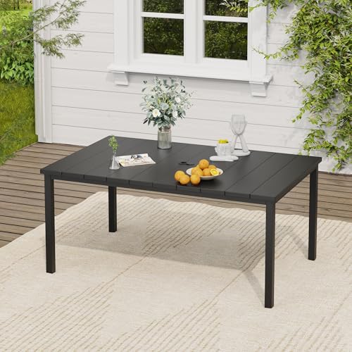 Image of VICLLAX Outdoor Table for 6, Metal Patio Dining Table with Umbrella Hole for Garden Lawn Deck Backyard, Black Tabletop