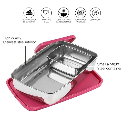 Image of CELLO Max Steel Lunch Box, 2 Units, Pink | Stainless Steel Lunch Box with Inner Veg Box | Tiffin Box with Air-Tight Lid | Ideal for Office and School for Healthy Meal Storage, Big