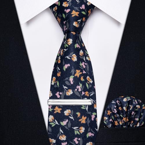 Image of YourTies Cotton Floral Tie for Men 2.5 inch Printed Skinny Necktie Pocket Square Tie Clip Set Flower Wedding Party Groom
