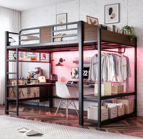 Image of Bellemave Full Size Loft Bed with Desk and USB Ports, Clothes Hanging Rod, LED, Metal Full Loft Bed Frame for Adults, Kids, Teens, Black