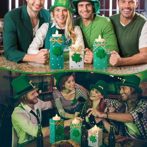 Zhehao 3 Pcs St. Patrick's Day Tea Light Holders Wooden Holiday Shamrock Votive Candle Holders Irish Wood Table Sign with Clover Pattern for Home Decor Dining Table Centerpiece Decorations