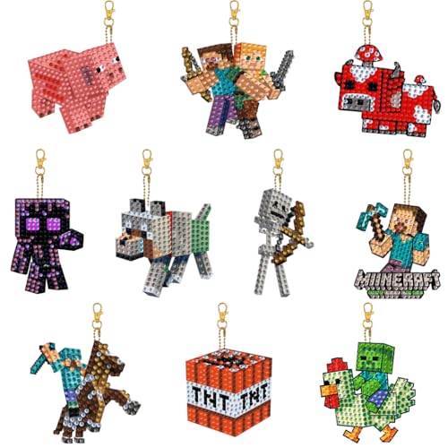 MXCFZX 10pack kit Kids Diamond Art Painting Keyrings - Double Sided MC Mosaic Kits for Boys and Girls - Arts and Crafts for Ages 6+12 Mini Gem Art Birthday and Festival Gift Key Pendant Decor