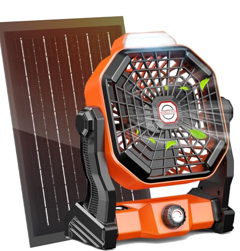 Solar Powered Fan,【Max 40H Runtime】Rechargeable Solar Camping Fans & Led Lantern,8-inch Portable Fan with Solar Panel,Battery Operated Powered Outdoor Tent Fans for Camping Essentials Accessories