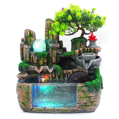 Fuente de habitación con plantas, 30 x 20 x 30 cm, fuente de mesa pequeña, fuente de jardín con iluminación LED, fuente de escritorio para decoración del hogar, vestíbulo, oficina, mesa de