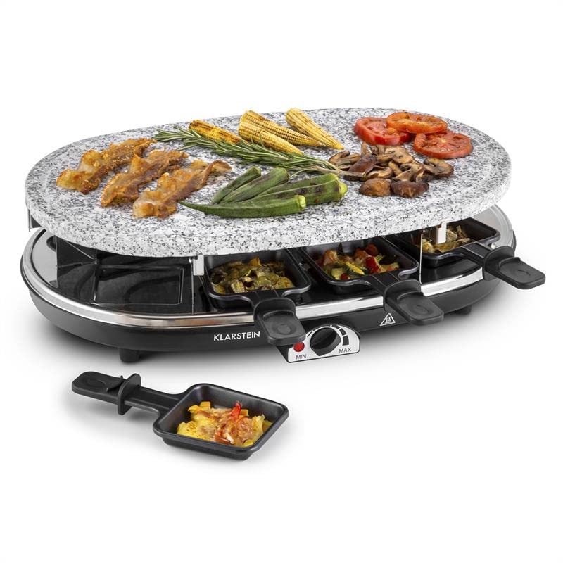 Klarstein Appareil a Raclette, Machine a Raclette avec Pierrade de 1500W, Gril en Pierre Naturelle, Appareil Rotatif et Ajustable pour 8 Personnes, Poelon Service Complet à