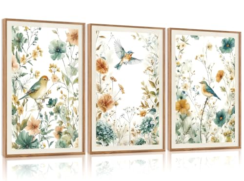 CHDITB 3 Pcs Boho Birds Flowers Framed Canvas Wall Art 16x24 Inch