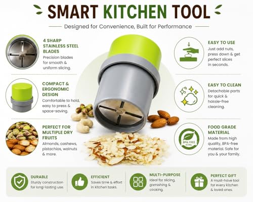 Image of Manual Nut Chopper for Dry Fruits, Almonds, Walnuts, Pistachios & Cashews, Hand Operated Plastic Dry Fruit Grinder with Stainless Steel Blades for Kitchen Use, Green & Grey | Not Electric |