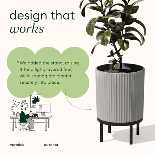 Image of Veradek Demi Series Raised Planter - Round Planter with Stand | Made From a Durable Plastic-Stone Composite & Comes With Wooden Stand. Modern Porch /Patio Decor