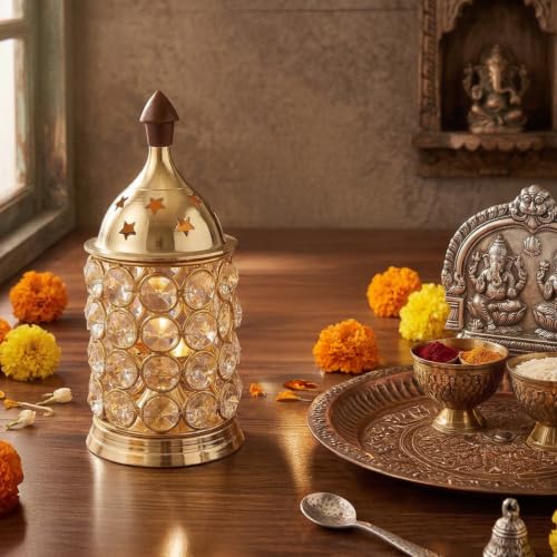 Image of Shubhkart Nitya Crystal Deep Brass Diya | Crystal Oil Lamp Diyas | Brass Table Deepak Oil Lamp Medium Size Akhand Jyoti for Home Temple Diwali Home Decoration (6 Inch Height, 3 Inch Length) - 234 GMS