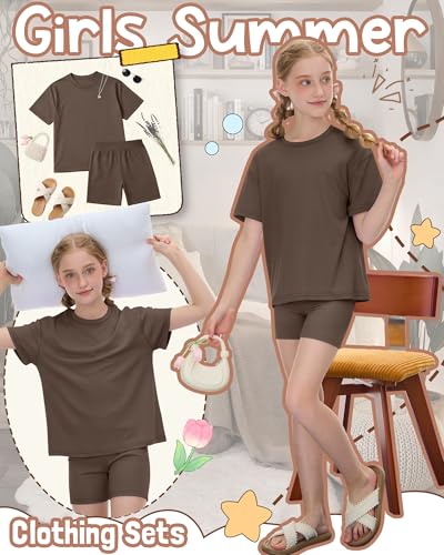 Image of Oakgarden Summer Outfits for Girls 5-14Y Athletic Casual Sets Kid Short Sleeve Shirt Bike Shorts 2 Piece Tween Trendy Clothes