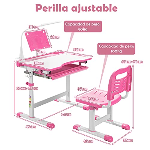 Miniatura 7 de Costway Set Escritorio Y Silla Para Niños 6 Años, Pupitres Infantil Altura Ajustable Y Reclinable, Escritorio Infantil Con Luz Led, Atril Para Libros, Portalápices, 64x49x52-79cm Rosa