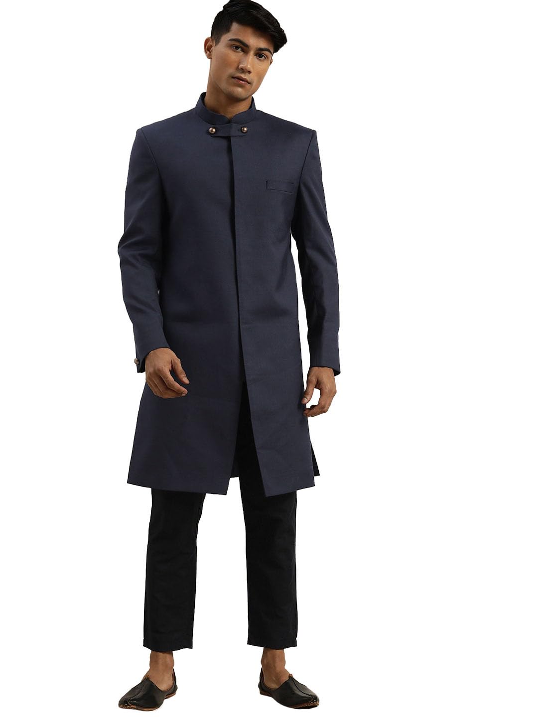 Men's Silk Blend Sherwani Set | Indo western long bandhgala made of suiting fabric. Comes with Pant Style Pyjama With Elastic Waistband And Pockets.-image-11