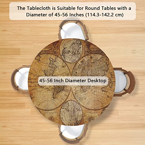 Auuxva Round Fitted Tablecloth With Elastic Edge 45"-56" Vintage World Map Antique Round Tablecloth Polyester Waterproof Spill Proof Table Cover For Dining Room Kitchen Patio Restaurant Use, Washable #TOP1