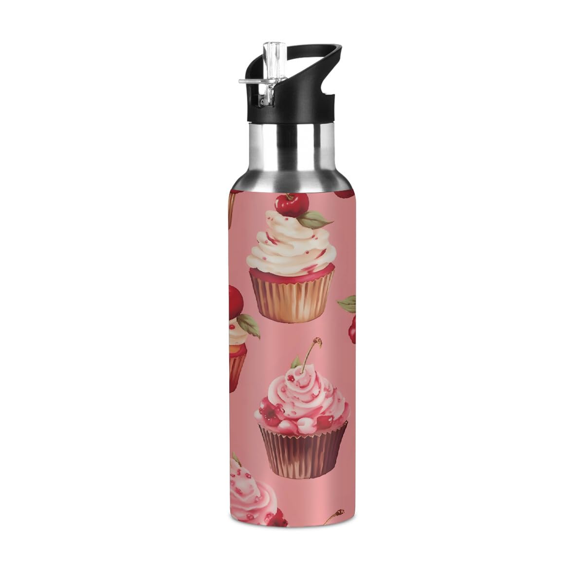 Mexpekil Sports Water Bottle with Straw, Double Wall Insulated Stainless Steel Bottles, Reusable Leakproof Drink Flask for Gym, Work, Travel(Cherry Cupcake)