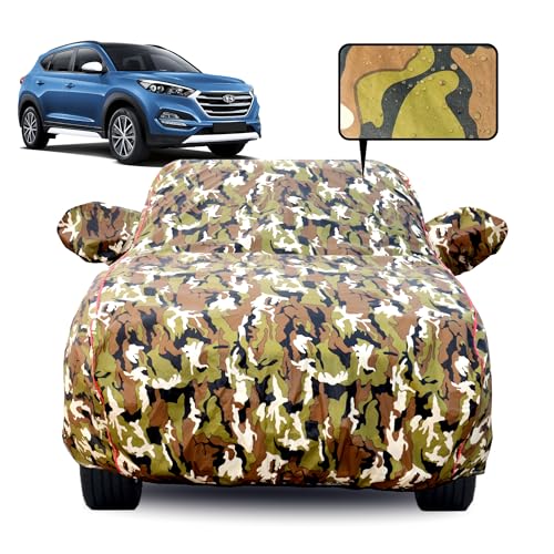 Image of Waterproof Car Body Cover for Hyundai Tucson (2016-2021) with Mirror Pocket, Soft Cotton Lining, Triple Stitched, Full Bottom Elastic (Heat Resistant Jungle Print with Red Piping)