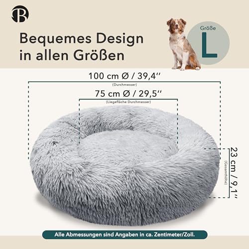bluzelle Hundebett Große Hunde, 100cm Hundekissen Rund Donut Kissen Hundekorb Flauschig Plüsch, Ergonomisch Bezug Waschbar rutschfest Weich Kuschelig Kunstfell, Farbe:Hellgrau