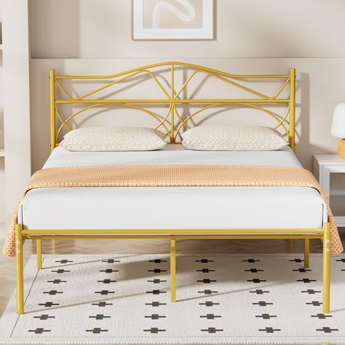 VECELO Full Size Bed Frame, Gold Metal Bed Platform with Headboard, Sturdy Steel Slats Support, No Box Spring Needed/Noise-Free,Easy Assembly, Black