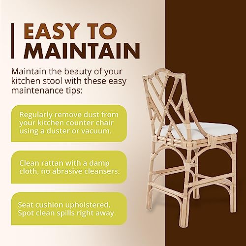 Kouboo Chippendale Rattan Kitchen Counter Chair, Kitchen Island Seating, Kitchen Furniture, Bohemian Decor, Contemporary Seating, Off White Upholstery, Natural #TOP4