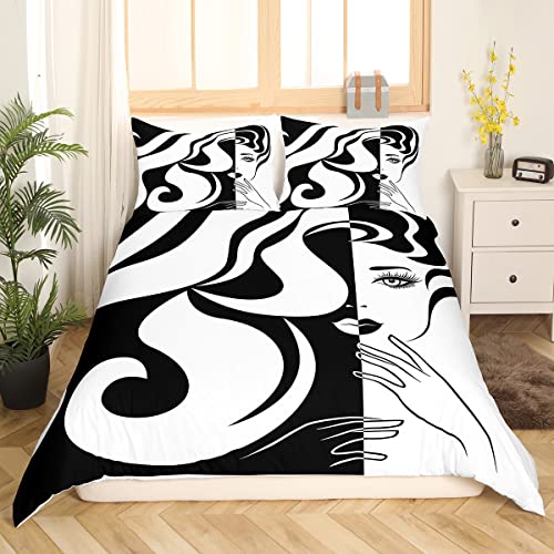 Erosebridal Abstract Art Bedding Set Black and White Comforter Cover Stripe Geometric Duvet Cover King Size Modern Swirls Bedding Set Modern Abstract Texture Color Art Comforter Cover