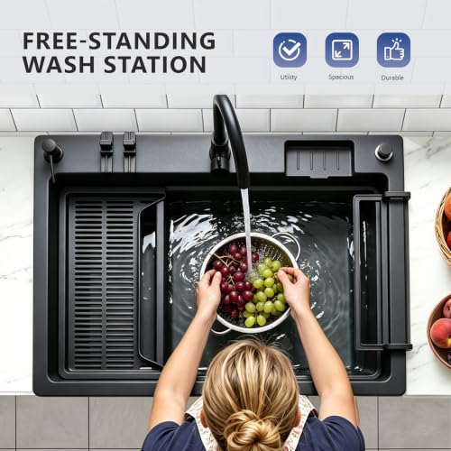 Image of Vingli Freestanding Utility Sink with Faucet, 36 inch Heightened Basin for Laundry, Garage, Outdoor Garden, Pet Wash, Heavy Duty Plastic Laundry Tub with Storage Shelf (Black, 32 inchLx24 inchWx36 inchH)