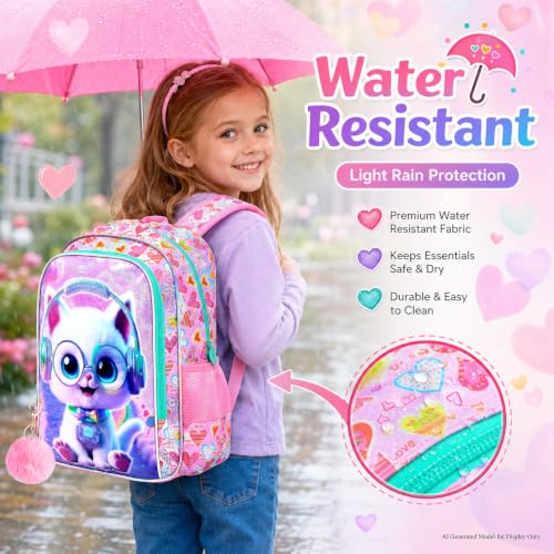 Image of AGSDON 3PCS Backpack for Girls, 16 inch Little Kids Cat Preschool Bookbag, Elementary Backpacks and Lunch Box - Purple