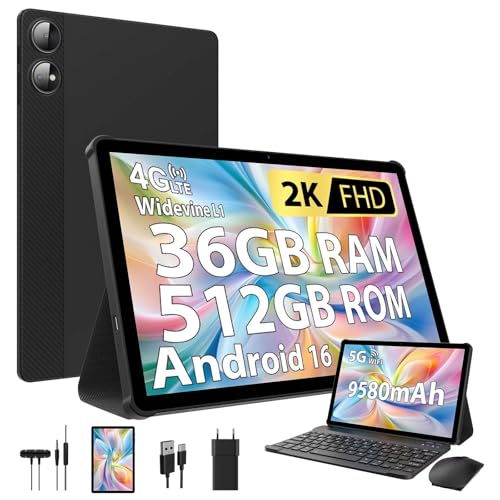 PIXGOOD Android 16 2K Tablet 11 Zoll, 36 GB RAM+512 GB ROM (2 TB TF), 4G SIM LTE + 5G WiFi, Octa-Core, 2000 * 1200, 9580 mAh, 13 MP + 8 MP, WidevineL1, GPS, Bluetooth, Tablet mit Tastatur (Schwarz)