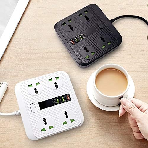 Extension Lead Universal Outlets with 4 USB Ports 4 Way Power Strips Surge Protector 2M/ Bold Cord Switch Portable Charger Fuse and Shutter Charging Hub Station 40W Super Quik Charge (Black)