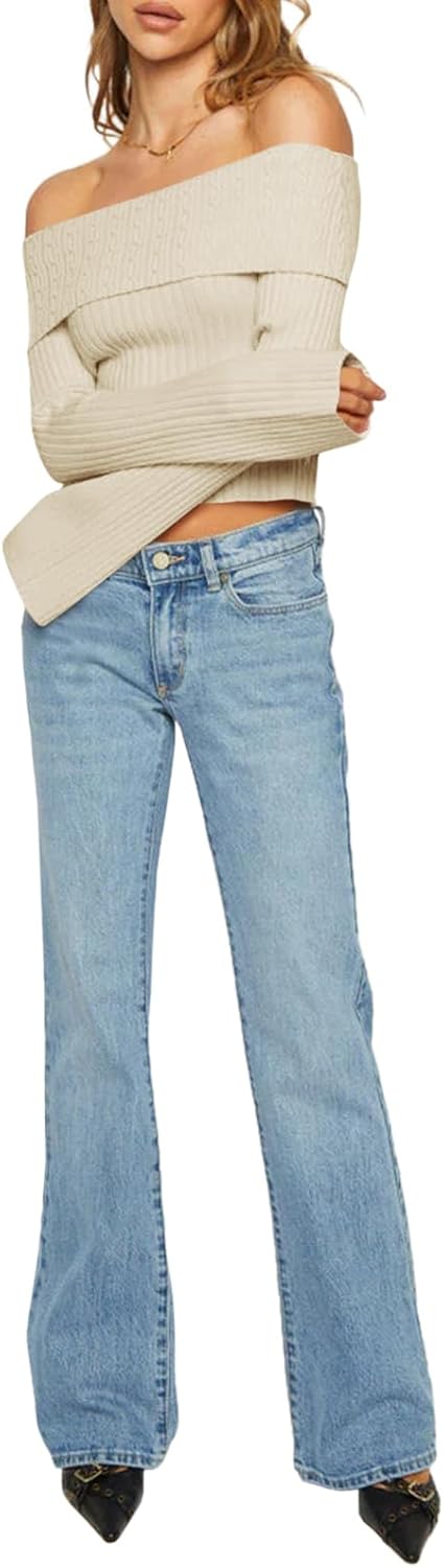 Goranbon Women's Off Shoulder Ribbed Knit Crop Sweaters Cute Wrap Long Sleeve Slim Pullover Jumper Tops - Image 4