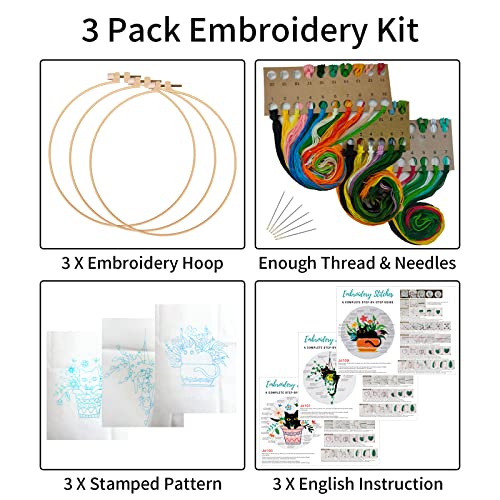 Image of Nuberlic 3 Sets Cute Cat Embroidery Kit for Adults Beginners, Stamped Cross Stitch Starter Kits Include Needlepoint Cloth Hoops Needles Threads and Instruction
